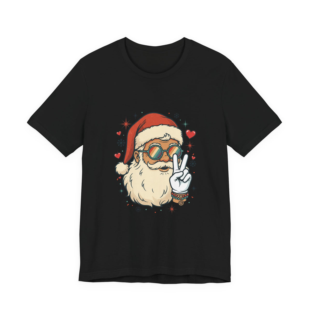 A black short-sleeve crewneck t-shirt featuring a graphic print of a Santa Claus character wearing orange-tinted sunglasses and making a peace sign, surrounded by small red hearts and stars.