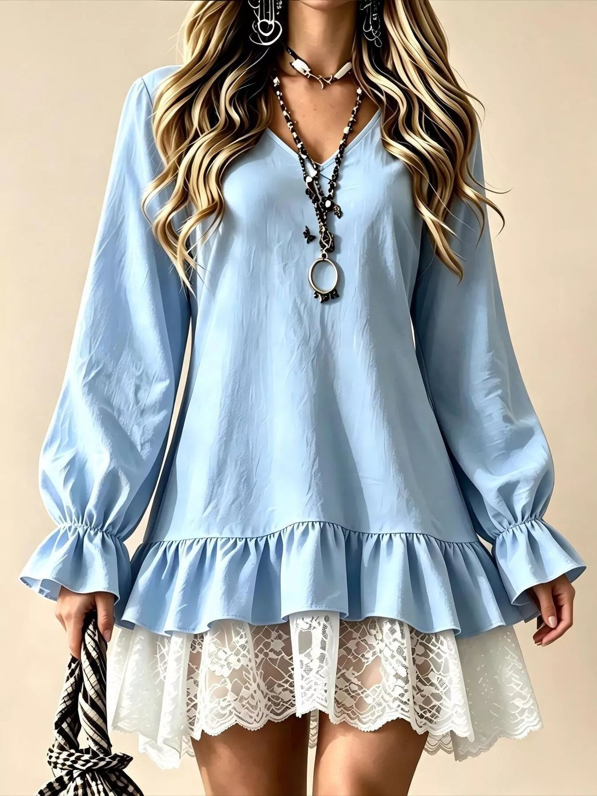 V-Neck Long Sleeve Ruffle Hem Lace Trim Mini Dress – UnapologeticallyGelle